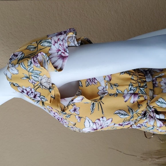 🆕️ XHILARATION Yellow Floral Self-Tie Waist Flutter Sleeve Dress SIZE: XS - Picture 3 of 11